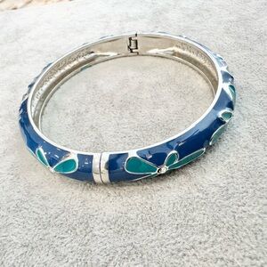 Silver Tone With Blue And Green Floral And Crystal Hinge Bangle Bracelet